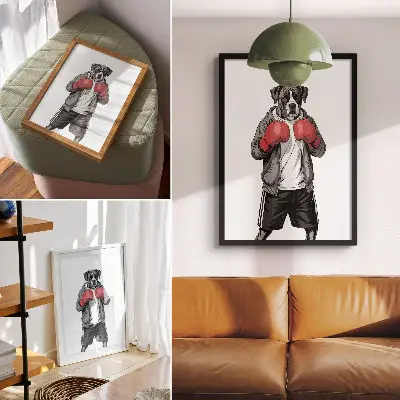 Wandposter Boxerhund mit Boxhandschuhen im sportlichen Design