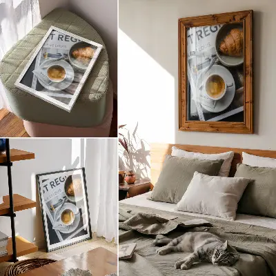 Kunstdruck auf Leinwand mit elegantem Kaffeecroissant vor schwarz-weißem Hintergrund zur Entspannung