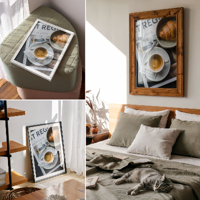 Kunstdruck leinwand Schwarz-Weiß-Hintergrund, Kaffeecroissant, Eleganz, Entspannung