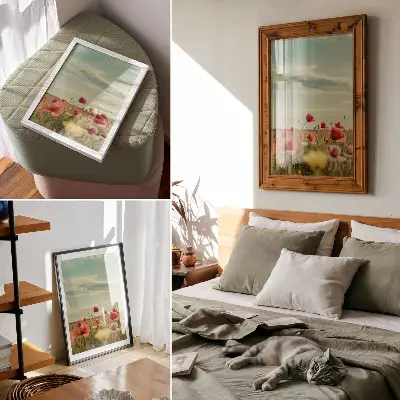 Wandposter ein Mohnfeld unter blauem Himmel in pastellfarbener Eleganz