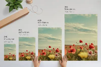 Wandposter ein Mohnfeld unter blauem Himmel in pastellfarbener Eleganz