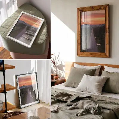 Kunstdruck auf Leinwand eine gerade Straße durch den Wald im pastellfarbenen Sonnenuntergang