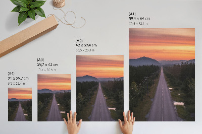 Kunstdruck leinwand Eine gerade Straße durch den Wald in einem pastellfarbenen Sonnenuntergang