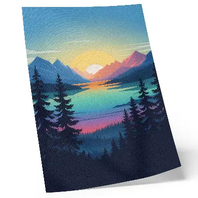 Wandposter farbenfrohe Berge und See im Sonnenuntergang