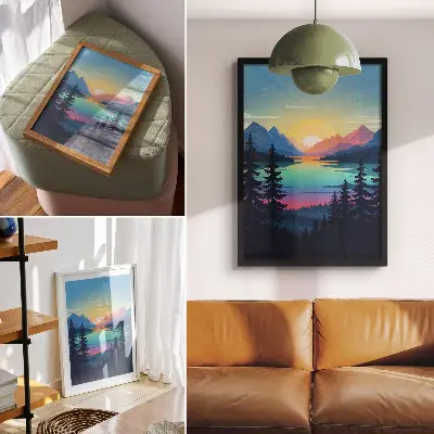 Wandposter farbenfrohe Berge und See im Sonnenuntergang