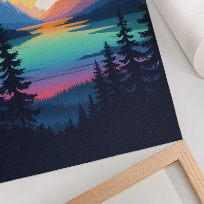 Wandposter Farbenfrohe Berge im Sonnenuntergang und See