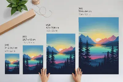 Wandposter farbenfrohe Berge und See im Sonnenuntergang