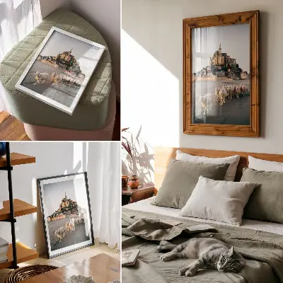 Wandposter mit Darstellung von Burg, Hügel, Schafen und Sand in friedlicher Atmosphäre