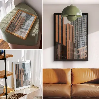 Wandposter mit Wolkenkratzer-Motiv in minimalistischer und eleganter Glasoptik mit Dynamik