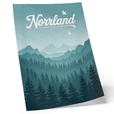 Poster mit blauen Bergen, grünen Bäumen, Weltraum und Naturmotiv