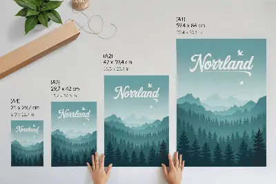 Poster mit blauen Bergen, grünen Bäumen, Weltraum und Naturmotiv