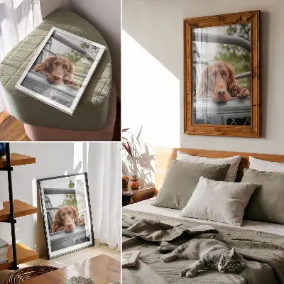 Kunstdruck auf Leinwand brauner Hund neben dem Fahrzeug mit grünen Bäumen