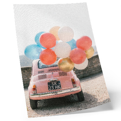 Kunstdruck leinwand Rosa Auto mit Luftballons vor Retro-Hintergrund