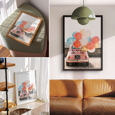 Kunstdruck leinwand Rosa Auto mit Luftballons vor Retro-Hintergrund