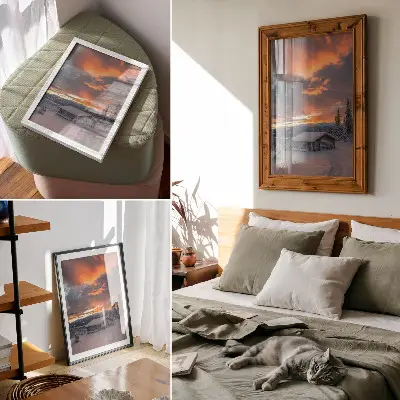 Poster Winterunterkunft bei orangefarbenem Himmel in der Natur