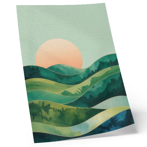 Wandposter Pastellfarbene Hügel, Aquarellsonne