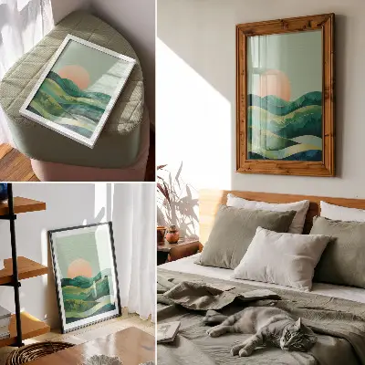 Wandposter pastellfarbene Hügel und Aquarellsonne