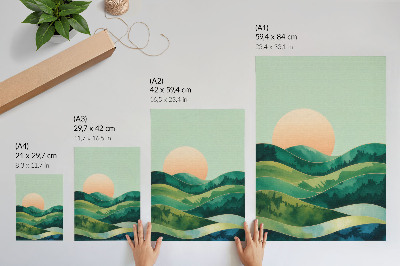 Wandposter Pastellfarbene Hügel, Aquarellsonne