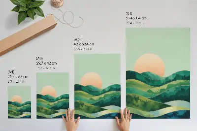 Wandposter pastellfarbene Hügel und Aquarellsonne