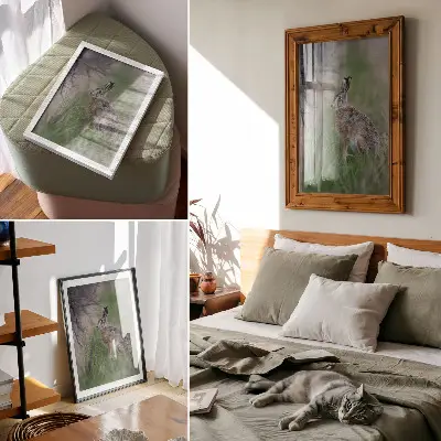 Kunstdruck auf Leinwand ein Hase inmitten von Ästen und Gras