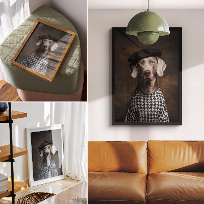 Wandposter Hund mit Baskenmütze und gemusterter Weste – Eleganz