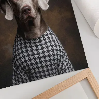 Wandposter Hund mit Baskenmütze und gemusterter Weste in eleganter Darstellung
