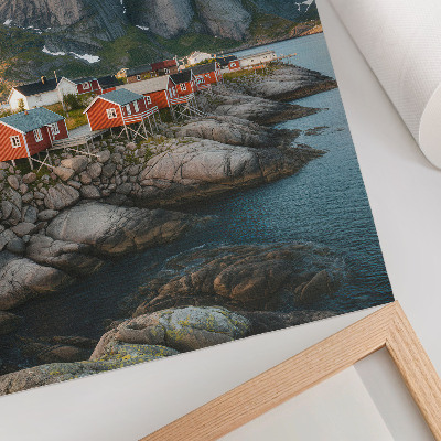 Kunstdruck leinwand Rote Häuser, Fjord, Berge, Sonnenuntergang