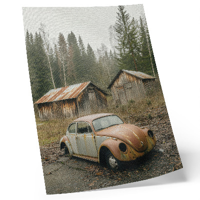 Wandposter Rostiges Auto, Holzschuppen, grüner Wald