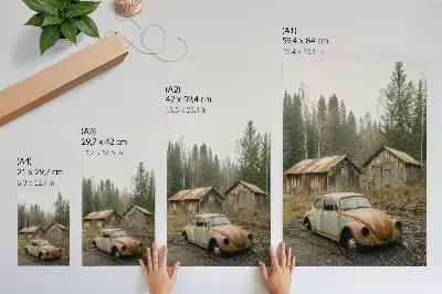 Wandposter rostiges Auto vor einem Holzschuppen im grünen Wald