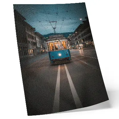 Kunstdruck auf Leinwand abendliche Straßenbahnlichter im Retro-Stil
