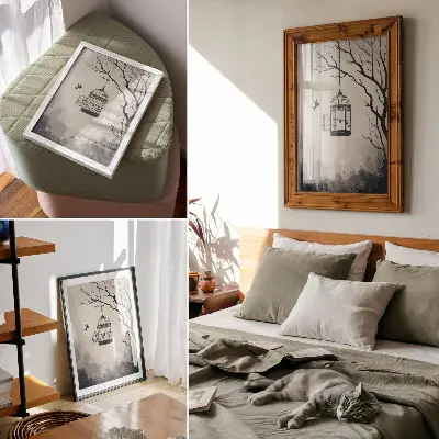 Leinwand-Kunstdruck mit Motiv eines minimalistischen schwarz-weißen Vogelkäfigbaums