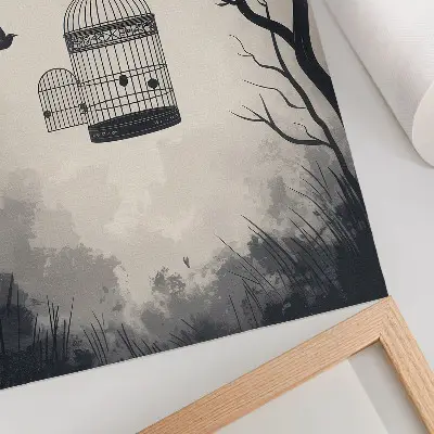 Leinwand-Kunstdruck mit Motiv eines minimalistischen schwarz-weißen Vogelkäfigbaums