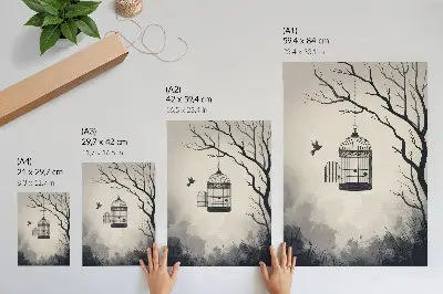 Leinwand-Kunstdruck mit Motiv eines minimalistischen schwarz-weißen Vogelkäfigbaums