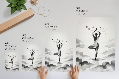 Wandposter Schwarz-weiße Silhouette in den Wolken mit Vögeln