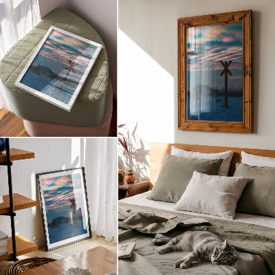 Kunstdruck leinwand Atmosphärische Winterlandschaft, bunte Wolken, einsames Schild