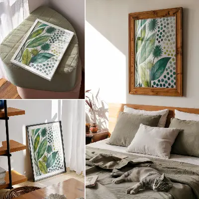 Kunstdruck auf Leinwand mit Motiv grüner Blätter und Punkte im Boho-Stil für eine frische Natur-Optik