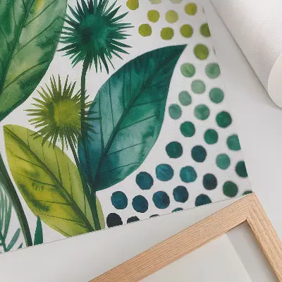 Kunstdruck auf Leinwand mit Motiv grüner Blätter und Punkte im Boho-Stil für eine frische Natur-Optik
