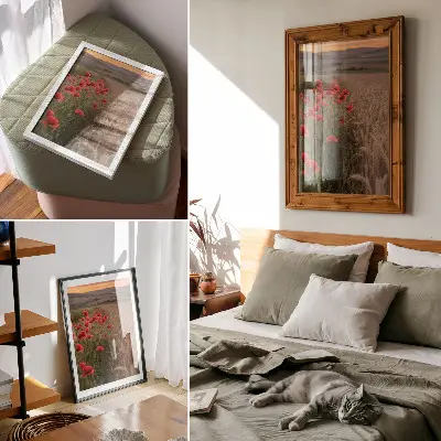 Wandposter Mohnblumen im Sonnenuntergang mit harmonischen Farben der Natur