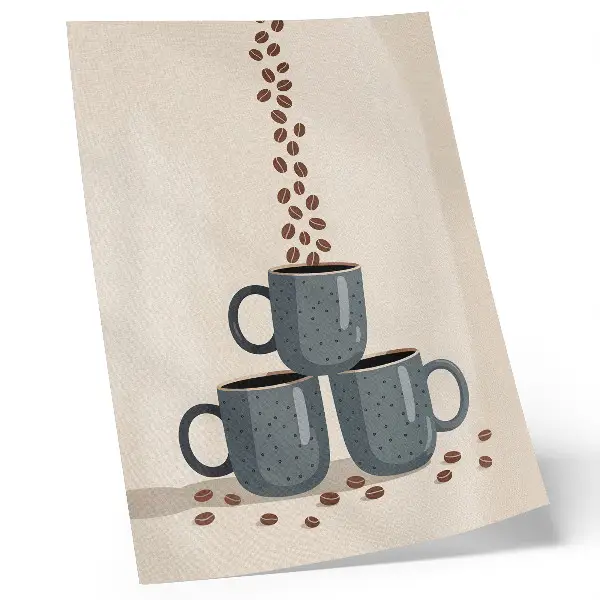 Poster graue Tassen auf cremefarbenem Hintergrund mit Kaffeebohnen