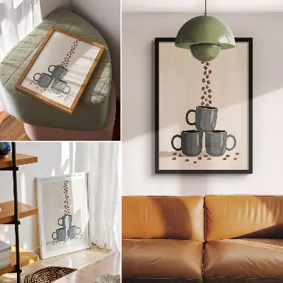 Poster graue Tassen auf cremefarbenem Hintergrund mit Kaffeebohnen