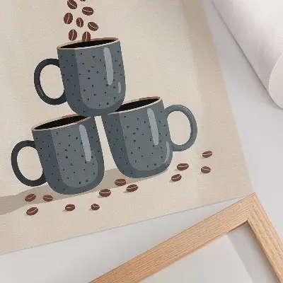 Poster graue Tassen auf cremefarbenem Hintergrund mit Kaffeebohnen