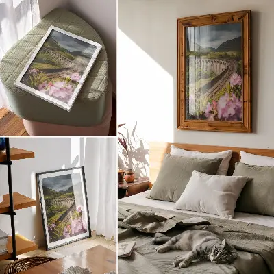 Wandposter Steinviadukt mit grünen Hügeln und pastellfarbenen Blumen