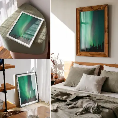 Poster mit Motiv Aurora grüne Bäume und magische Natur in der Nacht