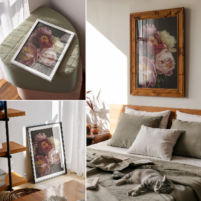 Wandposter Bunte Pfingstrosen auf dunklem Hintergrund