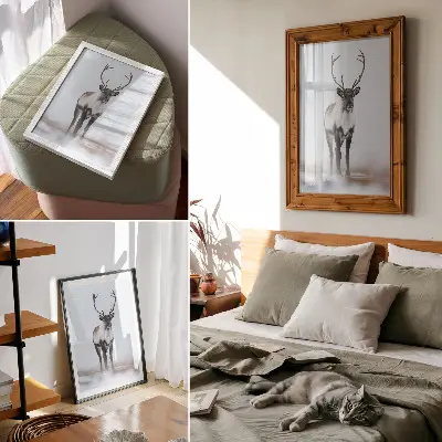 Wandposter Rentiere in einer schneebedeckten Landschaft mit warmen Farbtönen