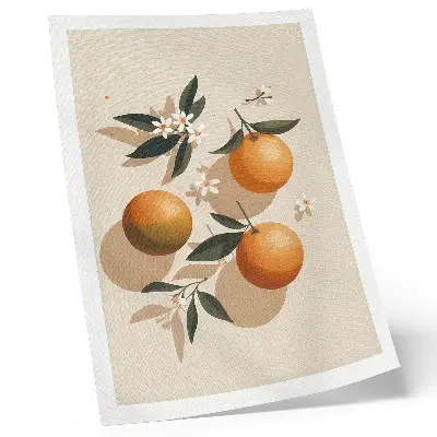 Leinwand-Kunstdruck mit saftigen Orangen, grünen Blättern und weißen Blüten