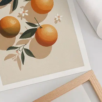 Leinwand-Kunstdruck mit saftigen Orangen, grünen Blättern und weißen Blüten