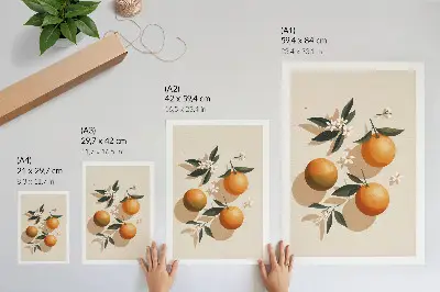 Leinwand-Kunstdruck mit saftigen Orangen, grünen Blättern und weißen Blüten