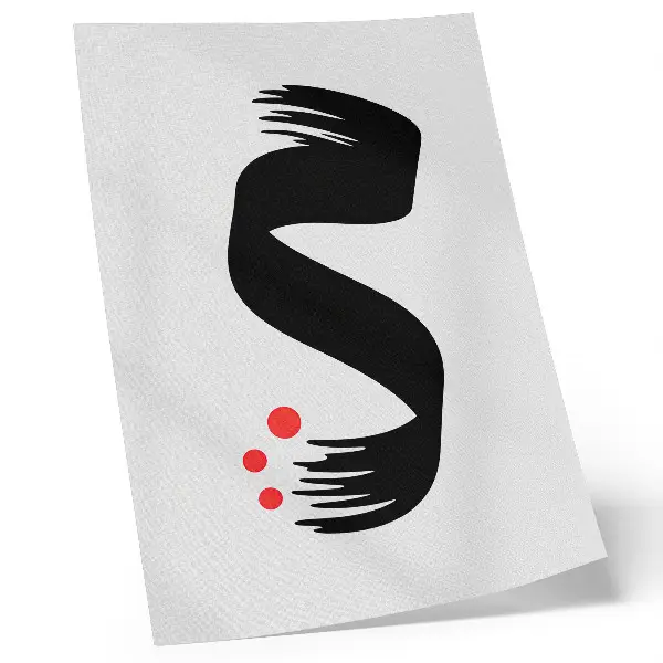 Wandposter mit schwarzem Formmotiv, rotem Kreis auf hellem Hintergrund
