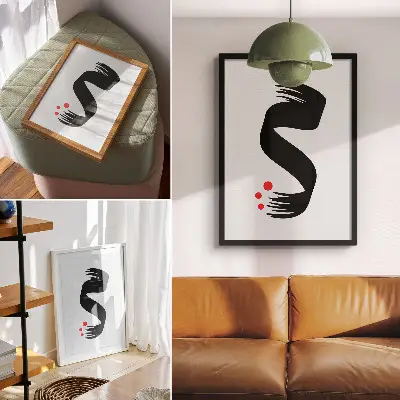 Wandposter mit schwarzem Formmotiv, rotem Kreis auf hellem Hintergrund